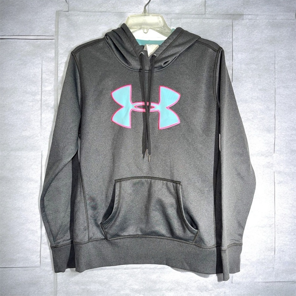 Under Armour Gray Hoodie with Teal and Pink Logo size S